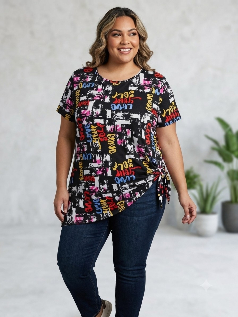 Plus Size Black Multi-Color Side-Tie Graphic Tee